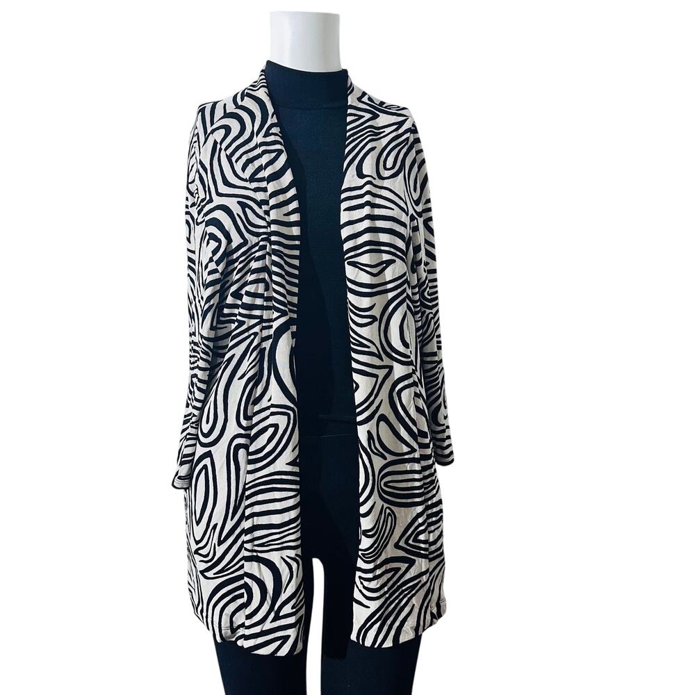 CHICO'S TRAVELERS Open Front Cardigan Wrap Layer Jacket Black White Sz 1 / M / 8
